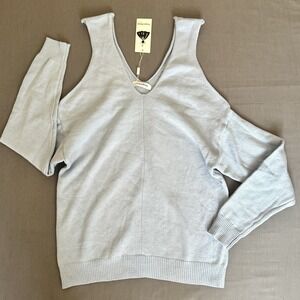 Womens V Neck Cold Shoulder Blue Sweater Minimalist Chic Casual Size Large